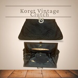 Koret 50s Mid Century Clutch Rhinestone Clasp Black Chevron w/Coin Purse Vintage